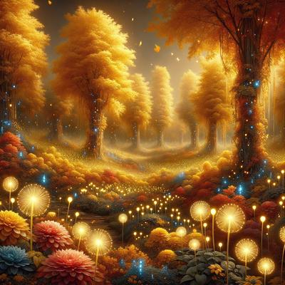 The primary subject of the image is a beautifully painted forest scene with a variety of trees and flowers. The setting is a lush, colorful forest with a vibrant atmosphere. The visual style is a digital art or illustration, showcasing the artist's creativity and attention to detail. The colors and mood are predominantly warm and inviting, with a focus on the natural beauty of the forest.